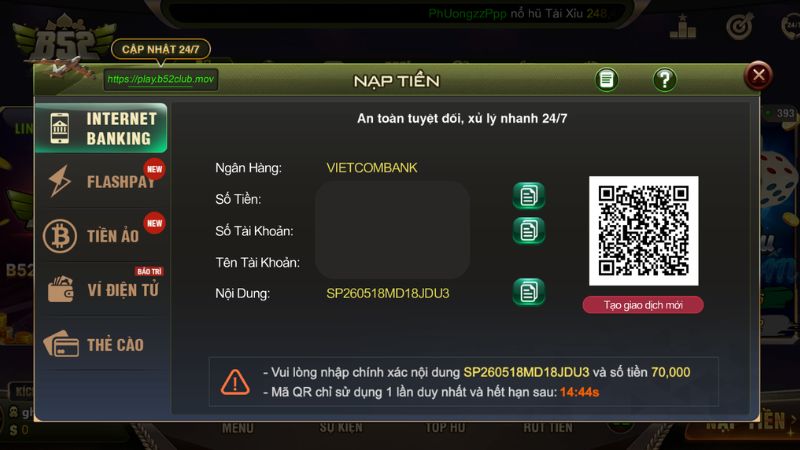 Form điền thông tin xác nhận chuyển khoản ngân hàng