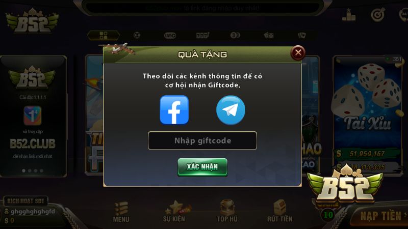Giao diện nhập mã code nhận thưởng trực tiếp trong game